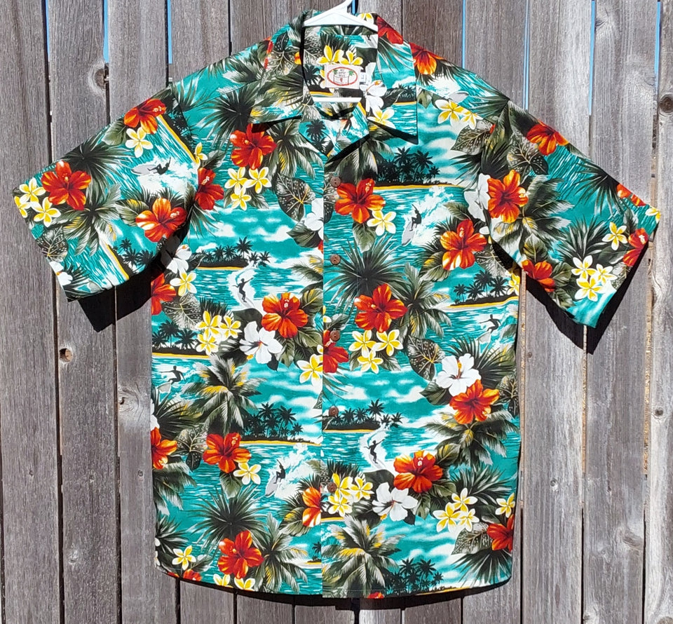 [Surf's p_up_aloha_shirt_size_M_to_3X_surfers_palms_flora_on_teal]Angel's Meadow Ranch 