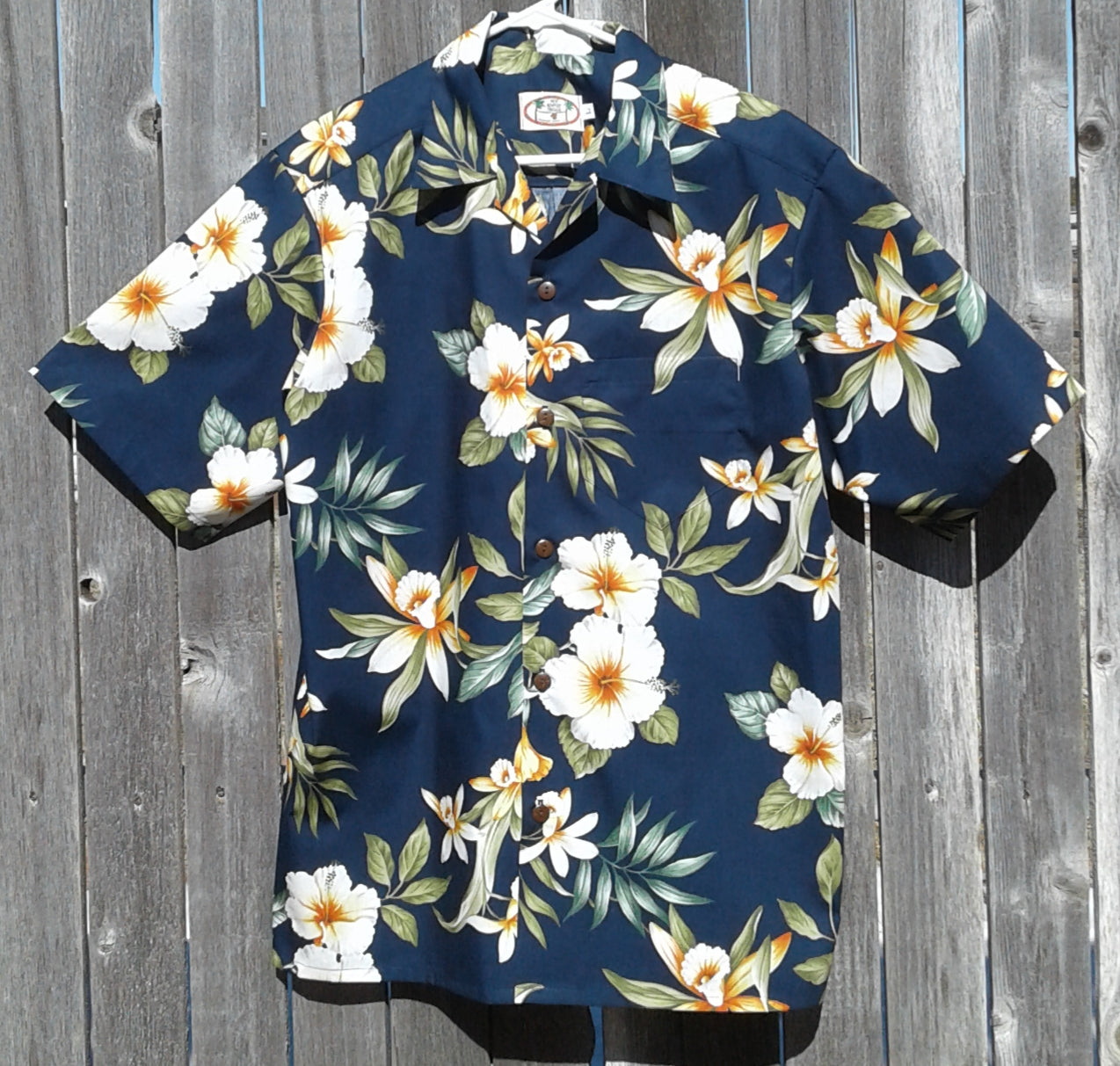 [Trina_2_aloha_shirt_size_M_to_3X_white_orchids_plumeria_green_fronds_on_navy]Angel's Meadow Ranch 